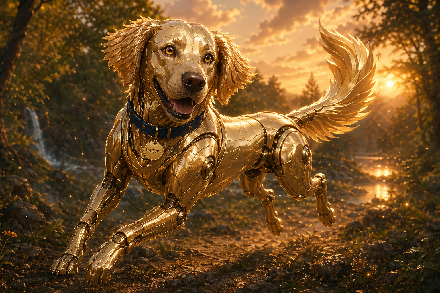 Harvey running through a golden hour meadow, tail dissolving into the sunset