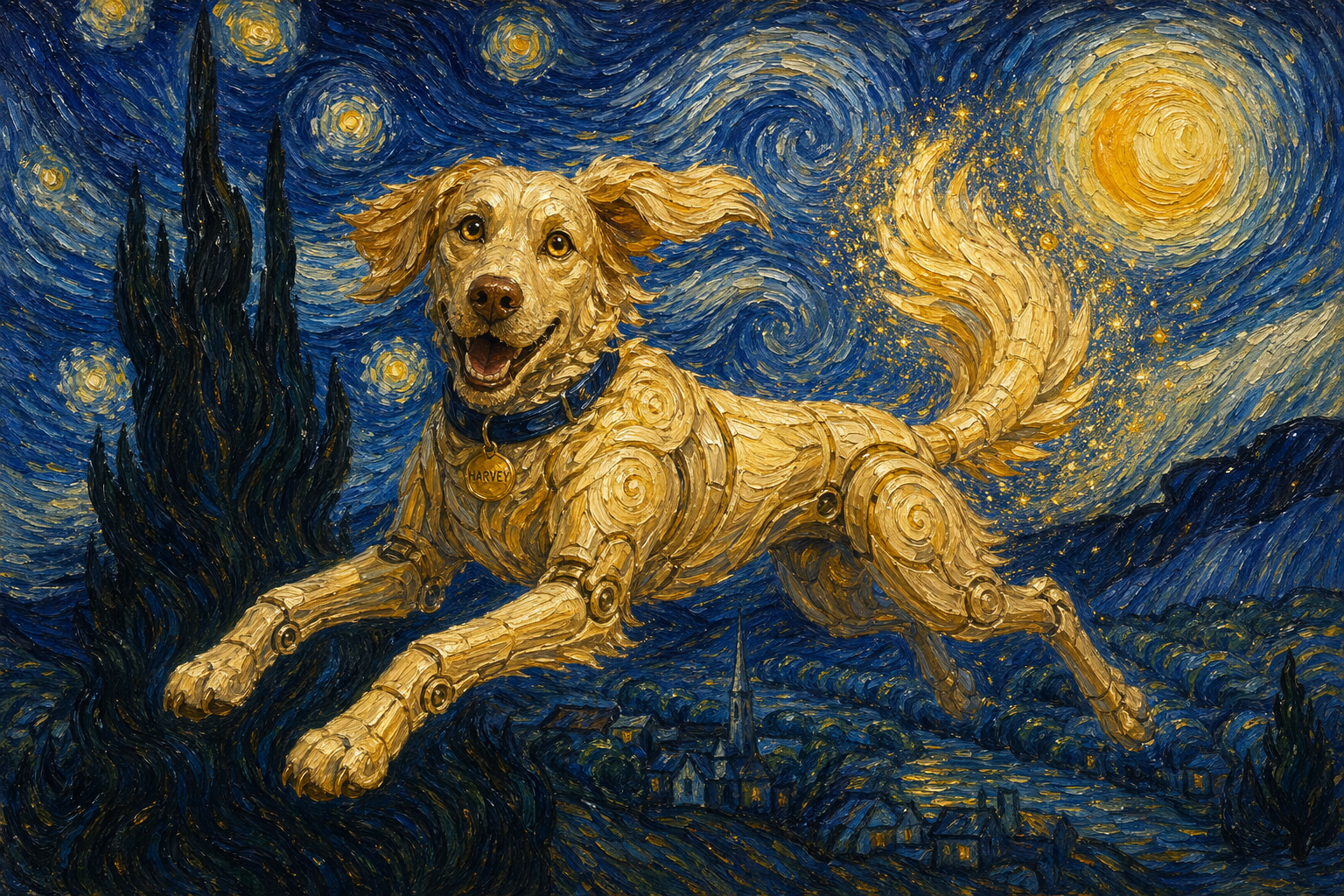 Harvey leaping through a Van Gogh Starry Night sky