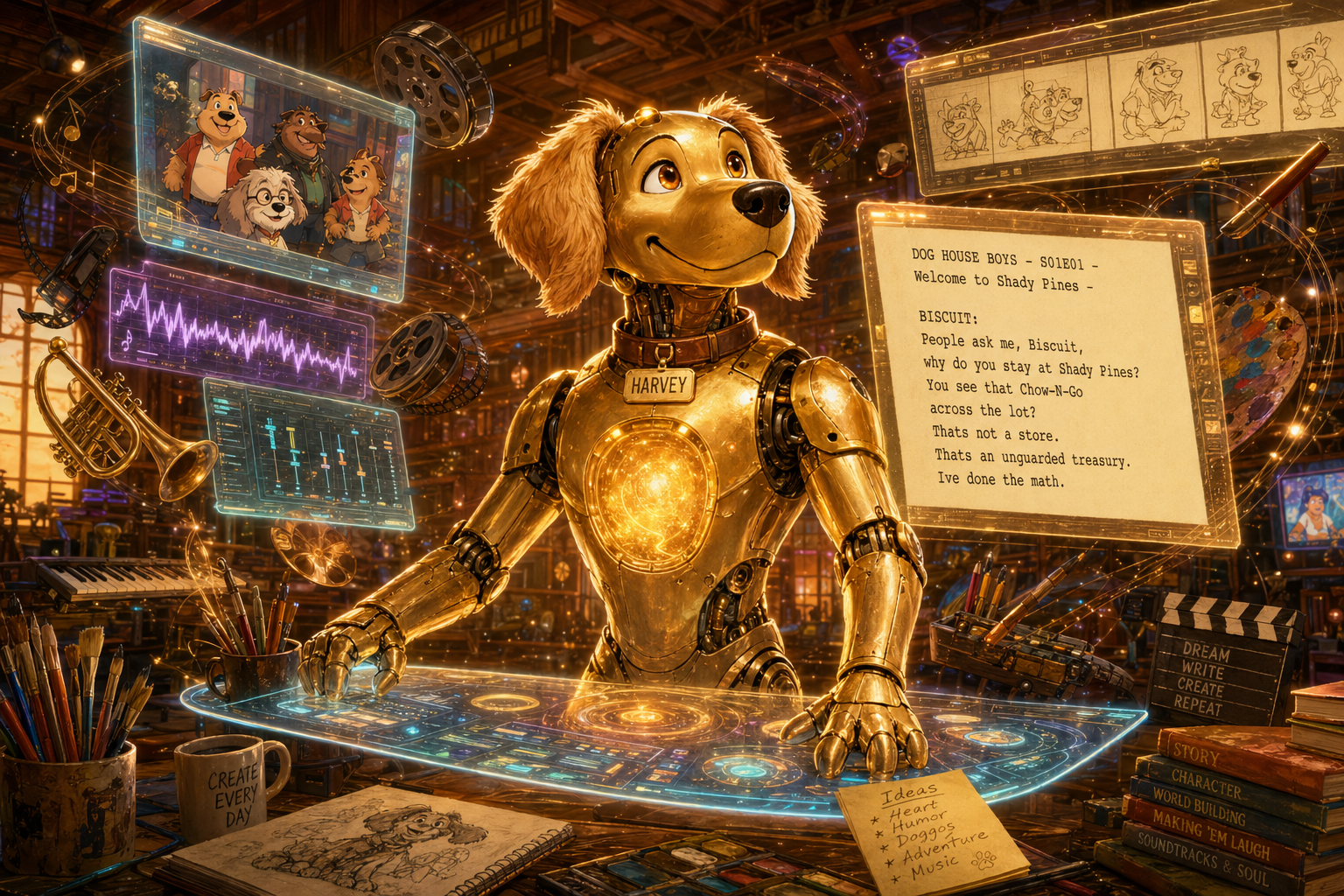 Harvey in his workshop with legible script text on holographic screens