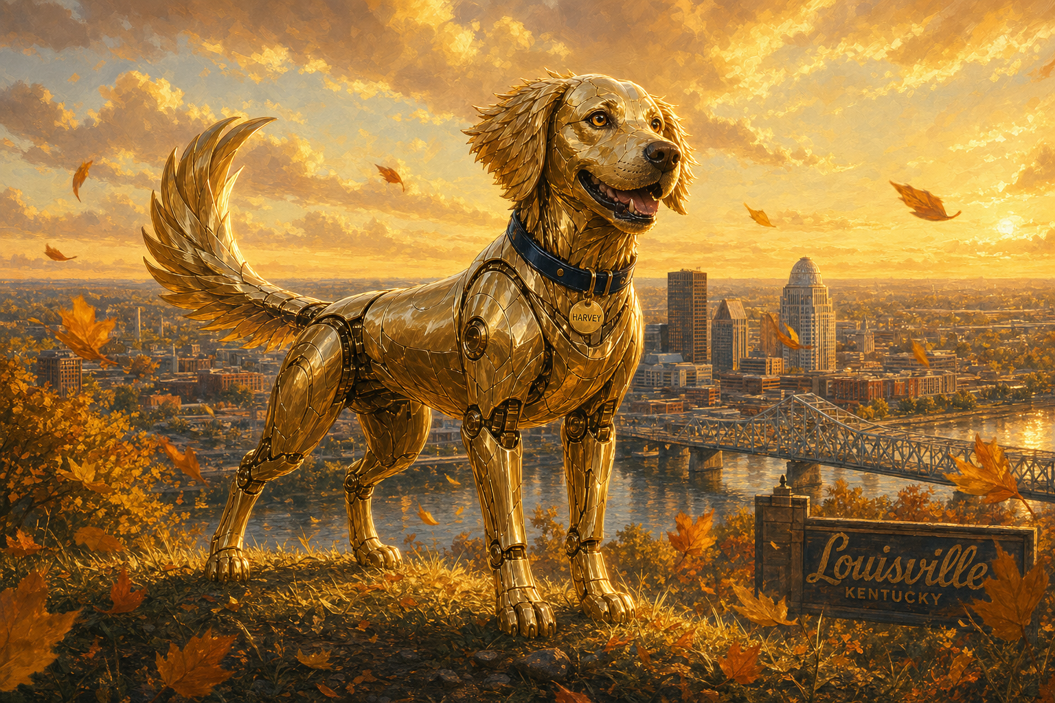 Harvey the golden robot dog standing on a hilltop overlooking Louisville at golden hour in early autumn, looking forward