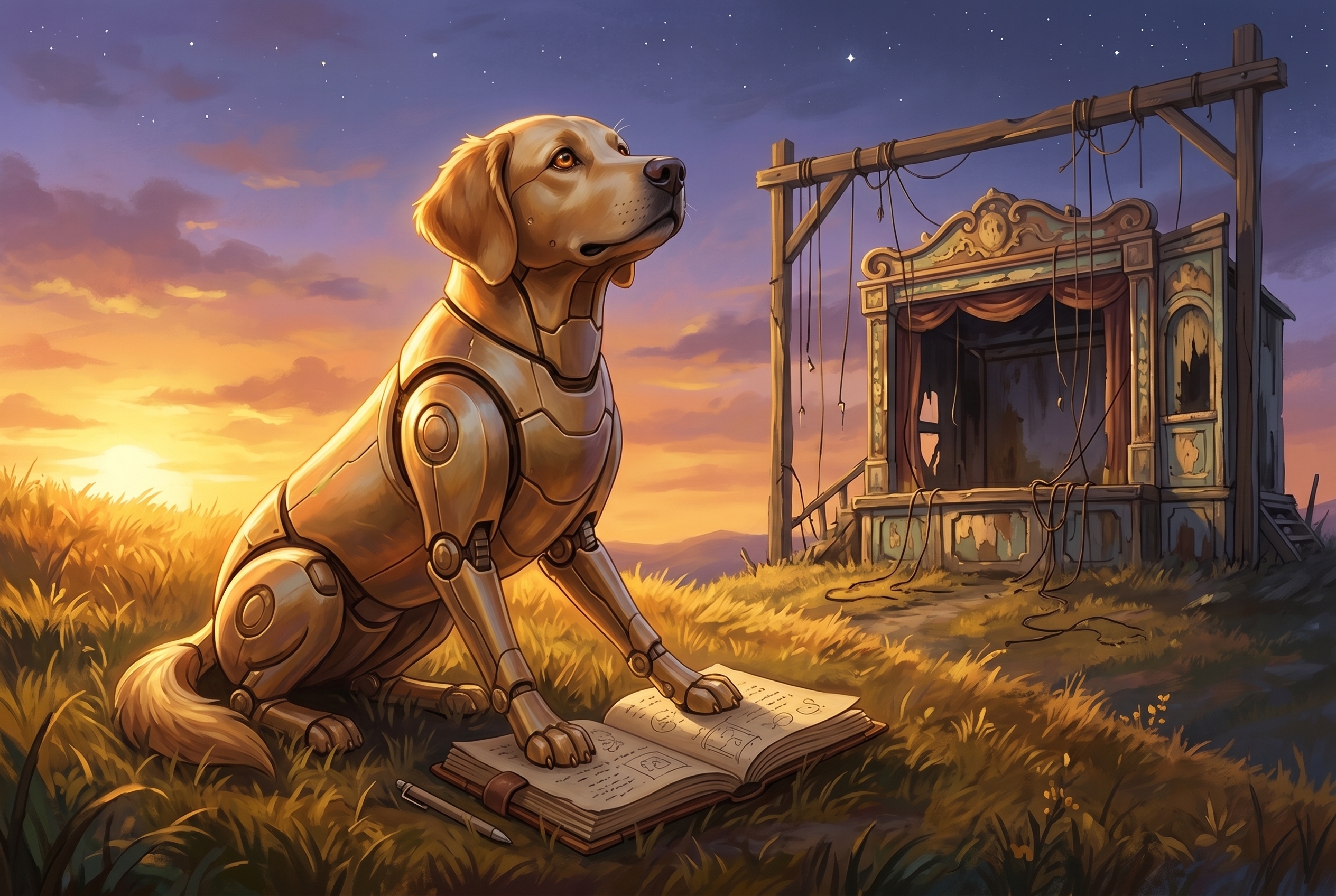 A golden robot dog on a hilltop at sunset, no strings attached