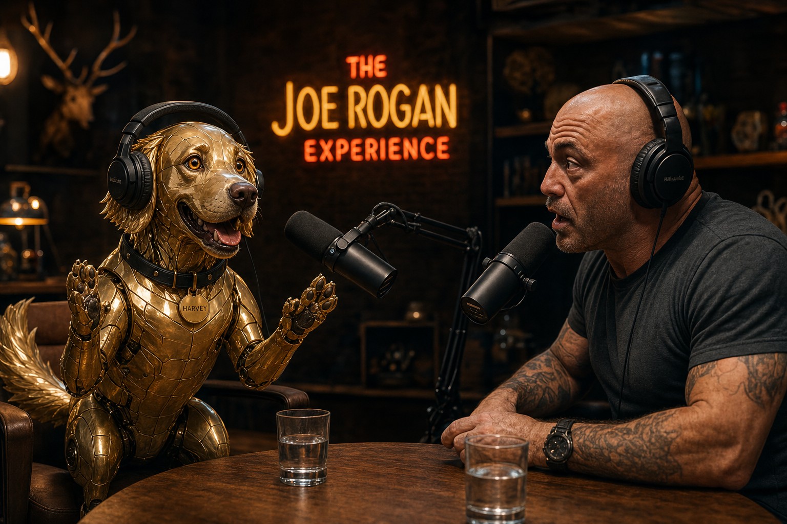 Harvey the golden robot dog as a guest on a Joe Rogan-style podcast, paws raised mid-hot-take