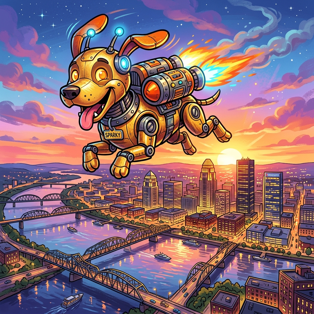 Harvey flying over Louisville with a jetpack